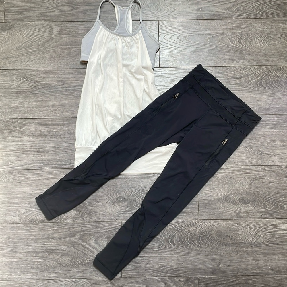 Lululemon Womens Crop Leggings Vertical Zipper Pocket and tank top size 4